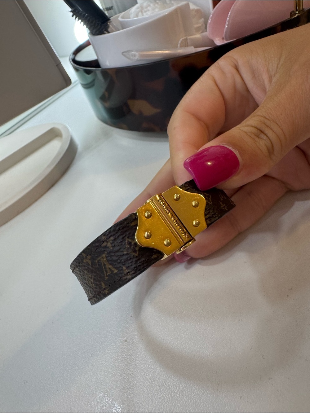 Louis Vuitton Brown Monogram Leather Bracelet with Gold Hardware